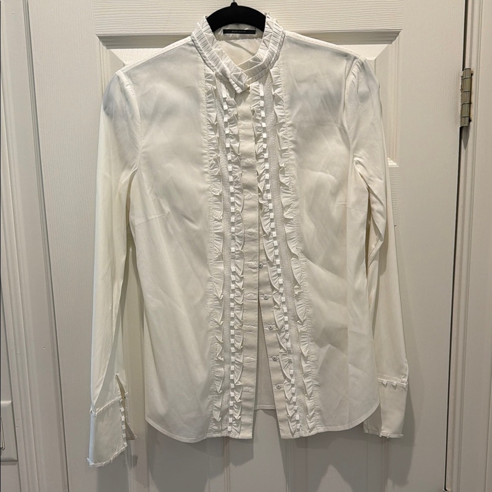 Elie Tahari Ivory Ruffled Trim Blouse Sz S. - Picture 1 of 8